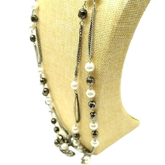 Express Bead Chain Necklace Long Faux Gray Pearls Black Beads on Layered Chains - Picture 2 of 15